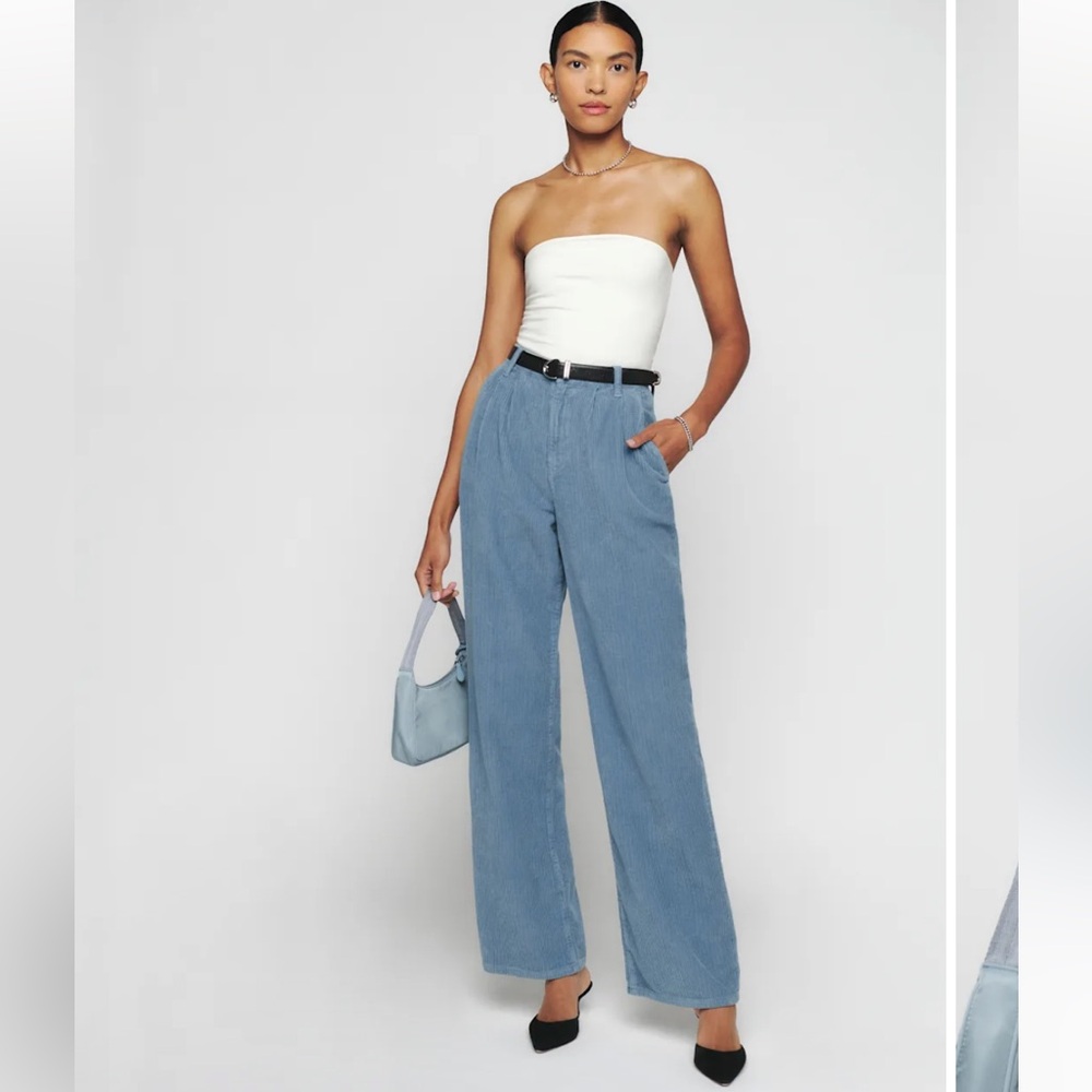 Reformation Montauk Pleated High Rise Corduroy Pants Dusty Blue - Size 27